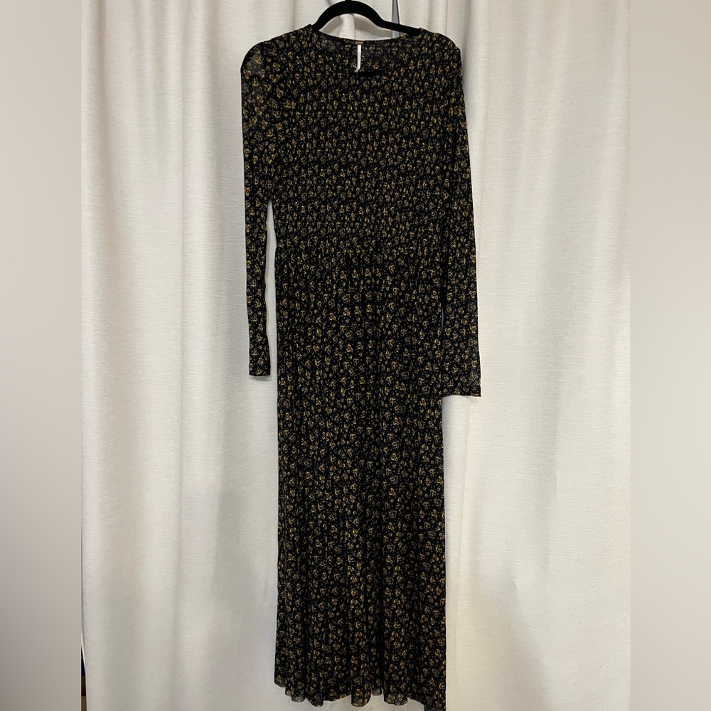 Never worn Free People maxi floral dress, semi sheer with small mustard flowers